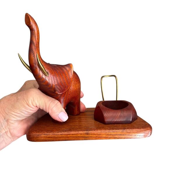 Vintage Hand Carved Wood Elephant Pipe Holder Candle Holder Desk Stand - Picture 8 of 10